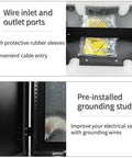 Heavy Duty EV Charger Lock Box With Stand features wire inlet and outlet ports, protective rubber sleeves, and grounding stud.