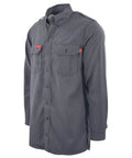 Mens Flame Resistant Work Shirt With Breathable Westex DH Air Fabric Built Tough For The Daily Grind Featuring Mic Loops Moisture Wicking Tagless Relief And Nomex Threaded Seams In Stone Gray, displayed at an angle.