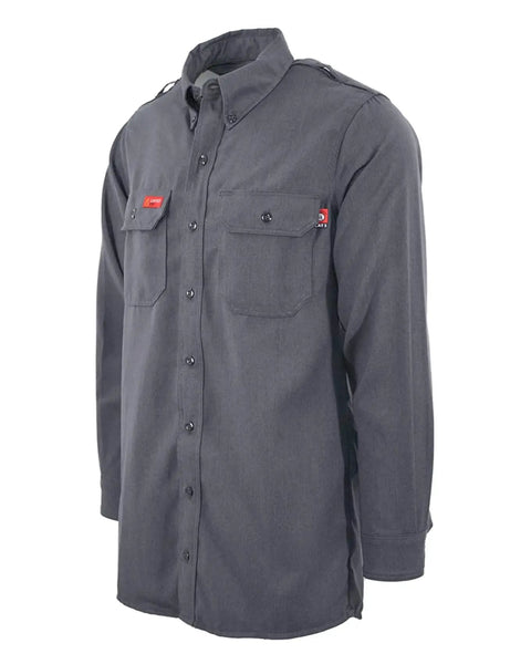 Mens Flame Resistant Work Shirt With Breathable Westex DH Air Fabric Built Tough For The Daily Grind Featuring Mic Loops Moisture Wicking Tagless Relief And Nomex Threaded Seams In Stone Gray, displayed at an angle.