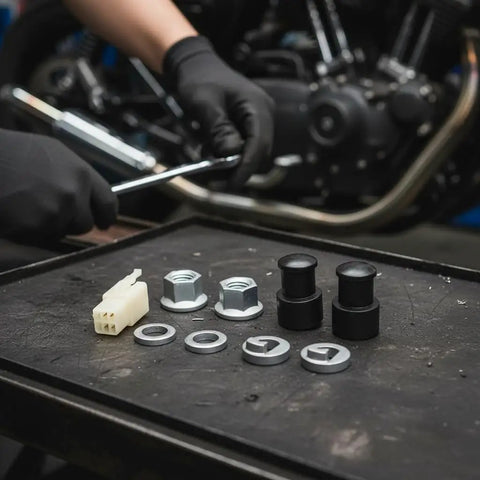 Must Have M12 EBike Hub Motor Axle Nut Kit With Front Lock Nut Lock Washer And Protective Cover For 12mm Shafts displayed on table