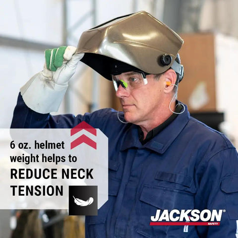 Welder in blue coveralls wearing HLX 100 Welding Hood Lightweight Fixed Front Helmet Shade 10 ANSI Z87.1 Hydraflex Shell