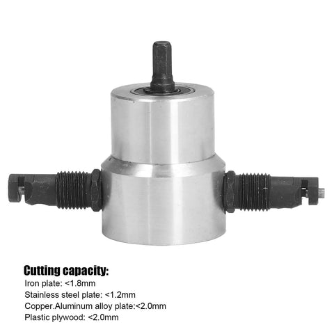 Double Head Sheet Metal Nibbler Cutter Drill Attachment Aluminum Alloy Precision Tool For Iron Pipe Tube Round Circle Cutting showing cutting capacity details.