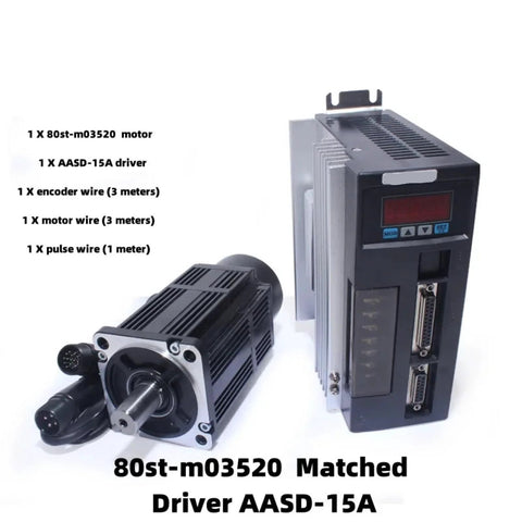 Front view of 80st-m03520 servo motor with encoder cables beside a matched AASD-15A driver