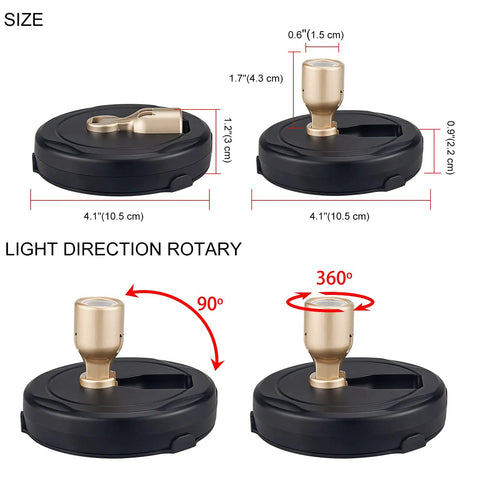 Wireless LED Spotlight Battery Powered Picture Light With Remote For Wall Art Display with rotation and size details