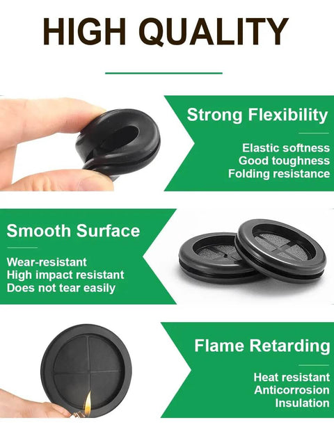 Hand holding 110 Pcs Rubber Grommets Kit demonstrates flexibility, surface smoothness, and flame resistance with features labeled