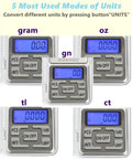 High Precision 500g Food Travel Scale Portable Pocket Scale With LCD Display Five Unit Modes showing unit buttons and screen.