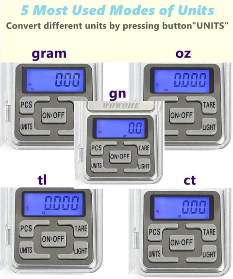 High Precision 500g Food Travel Scale Portable Pocket Scale With LCD Display Five Unit Modes showing unit buttons and screen.