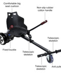 Seat Attachment For Self Balancing Scooters Go Kart Conversion Kit For Kids And Adults Safe And Stable Accessory Fits 6.5, 8 And 10 Inch Models Ideal Gift Black with labeled parts like seat cushion, rubber handle, telescopic skeleton, fixed buckle, and anti pulley.