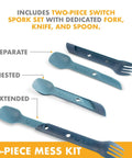 Six Piece Camping Mess Kit With Plate Bowl Cup Switch Spork Utensil Set And Tether shown separated, nested, and extended
