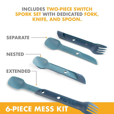 Six Piece Camping Mess Kit With Plate Bowl Cup Switch Spork Utensil Set And Tether shown separated, nested, and extended