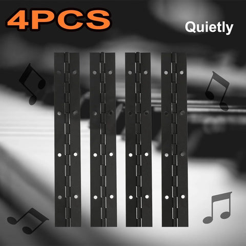 Front view of four 8-inch black stainless steel piano hinges for doors and cabinets