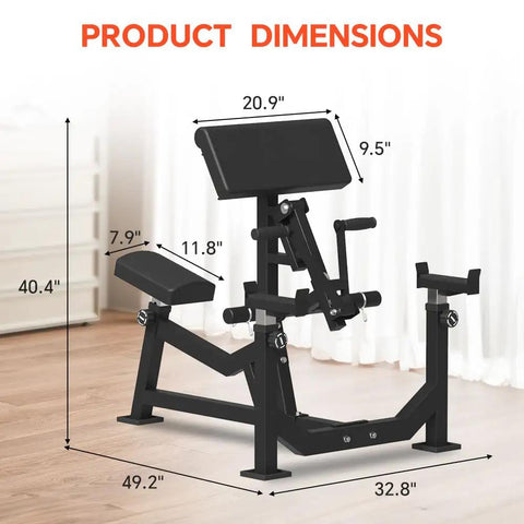 Preacher Curl Bench And 2 In 1 Arm Training Machine For Home Gym dimensions showing adjustable seat and pad height.