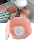 Pink Compact Countertop Dishwasher With 360 Degree Rotating Spray And Fifteen Minute Automatic Shutoff filled with water and washing dish.
