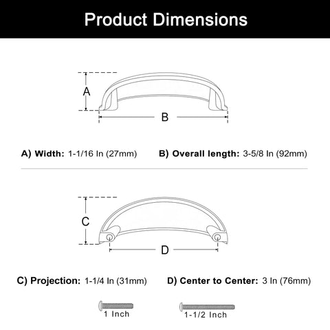 Product dimensions for Top-Notch Solid Brass Cabinet Pulls With A Slick Brushed Gold Cup Look and handles specifications.