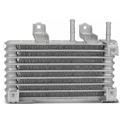 Top Quality Transmission Oil Cooler Fits Toyota Highlander 2020 to 2022 for Smooth Shifting And Killer Heat Control Like A Dream With Reliable Performance Built To Last. silver aluminum transmission oil cooler with mounting brackets, front view