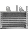 Heavy Duty Transmission Oil Cooler That Cools Engine Fast And Keeps Gearbox Happy With Tough Build Perfect Fitment For Toyota Highlander 2020-2022 Model Keep Fluid Temps Down And Protect Components From Damage During Operation. silver aluminum transmission oil cooler with mounting brackets, front view