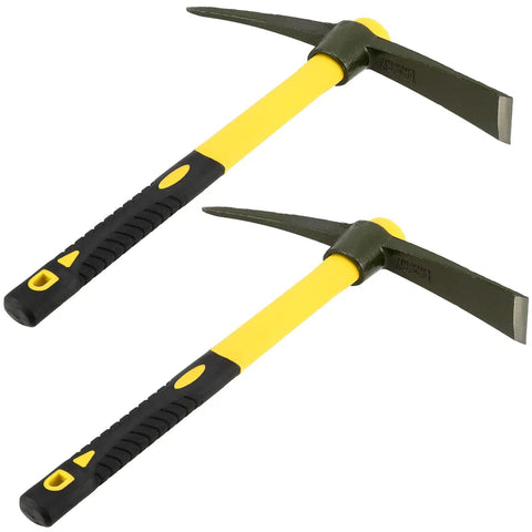 Two Piece 15 Inch Pick Mattock Hoe Set With Yellow Fiberglass Handle For Garden Cultivation And Prospecting Durable Forged Carbon Steel Head