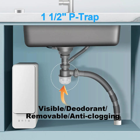 Visible One And A Half Inch P Trap Upgrade With Removable Clean Cup Drain Valve under sink installation.