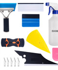 Nine Piece Car Window Tint Tools Kit With Blue Rubber Squeegee And Soft Cloth White Card Squeegee Yellow Corner Squeegee Black Fish Shape Squeegee Mini Pink Squeegee Tint Removal Blade Carving Knife And 500ml Spray Bottle For Easy Film Install displayed on white background