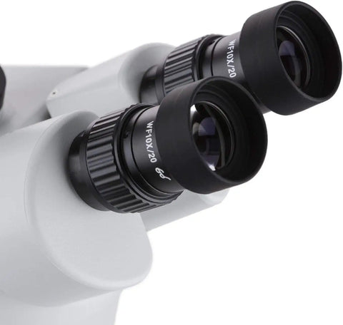 SM-2TZ Pro Grade Trinocular Stereo Zoom Microscope With WH10x Eyepieces, 3.5X To 90X Magnification, 0.7X To 4.5X Zoom Objective, Upper And Lower Halogen Lighting, Pillar Stand, 110 120V, Includes 0.5X 2.0X Barlow Lenses For Circuit Boards And Dental, close-up WH10x/20 eyepieces