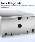 Close-up of Badass Stainless Steel EV Charger Cover with cable entry hole and rubber sleeve to prevent abrasion.