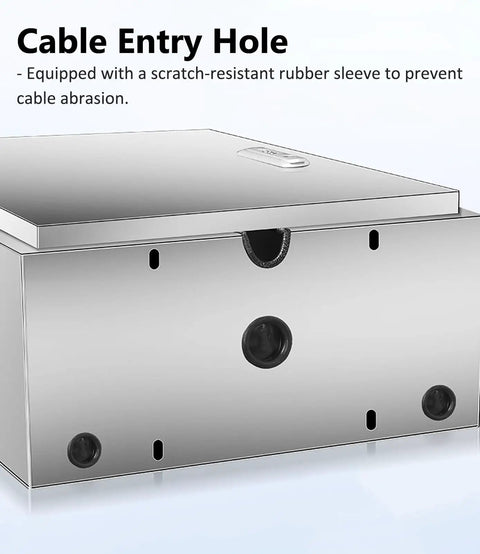 Close-up of Badass Stainless Steel EV Charger Cover with cable entry hole and rubber sleeve to prevent abrasion.
