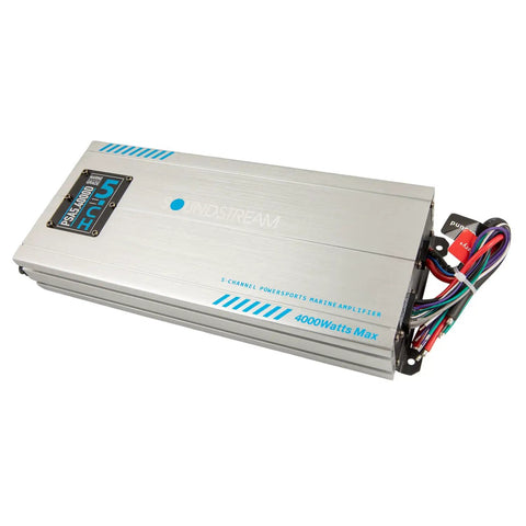 Beefy Marine Five Channel Waterproof Class D Amplifier Delivers Up To 4000 Watts Max Power For Boats ATVs UTVs And Powersports Audio Systems Built Tough For Wet Environments And Clean Distortion Free Sound Throughout. silver five-channel marine Class D amplifier with wired harness
