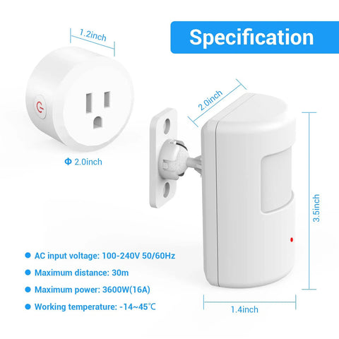 Diagram showing Motion Sensor Switch With Outlet Plug-In For Home Use, dimensions, and specifications including sensor range.