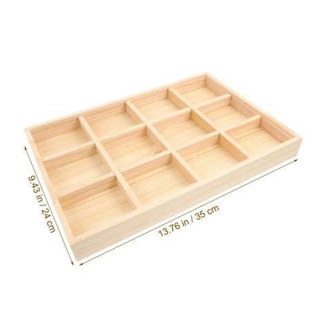 Solid Wooden Jewelry Dish With Thirty Tight Grid Dividers For Rings And Trinkets Great Sink Sidekick Or Vanity Organizer That Keeps Your Counter Clean And Absolutely Dope, showing 30 compartments in natural wood.