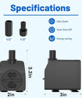 Specifications of Submersible Water Pump 200GPH With Auto Shut Off And 5.2 Ft Lift, front and side dimensions with fittings shown.