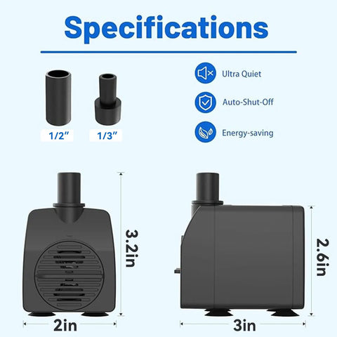 Specifications of Submersible Water Pump 200GPH With Auto Shut Off And 5.2 Ft Lift, front and side dimensions with fittings shown.
