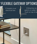 Radiant WNRH1NI In Wall Smart Gateway With Netatmo in nickel finish installed next to a desk, showing two installation options.