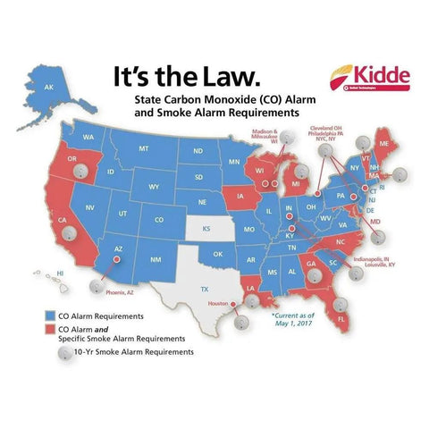 Map showing state requirements for CO and smoke alarms in blue, red, and gray as of May 1, 2017, with Kidde logo.
