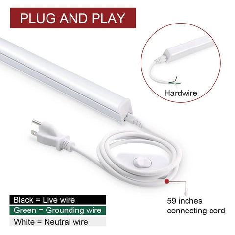 Close-up of plug and play cord for Eight Pack Two Foot LED Shop Lights 6500K 10W 1100LM Linkable For Garage Workshop Ceiling Under Cabinet Lighting
