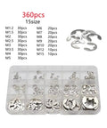 360 Piece External E Clip Set For Shafts In 304 Stainless Steel Circlip Washer Kit 1.2mm To 15mm M1.2 To M15 with storage box
