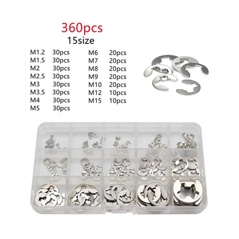 360 Piece External E Clip Set For Shafts In 304 Stainless Steel Circlip Washer Kit 1.2mm To 15mm M1.2 To M15 with storage box
