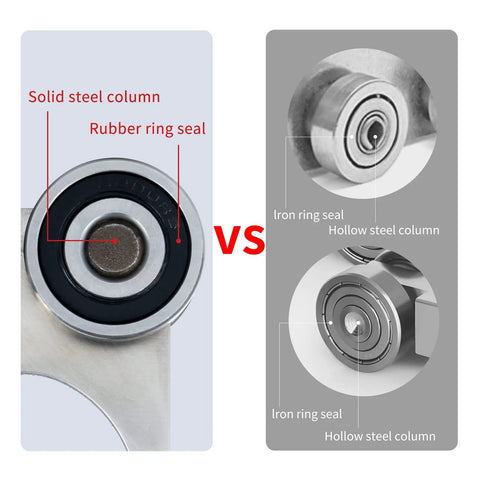 Comparison of solid steel and hollow steel columns with rubber and iron ring seals for four wheel trolley roller bearing assembly.