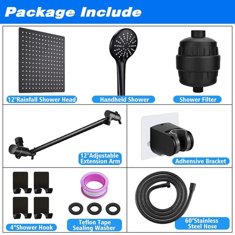 Upgraded 12 Inch Black Shower Head With Handheld Spray And Rainfall Showerhead High Pressure Combo With Hose And Extension Arm Filter For Hard Water Includes Four Hooks package contents