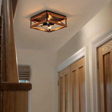4 Light Rustic Farmhouse Flush Mount Ceiling Light With Metal And Wood Square Frame Dope Black Finish in hallway