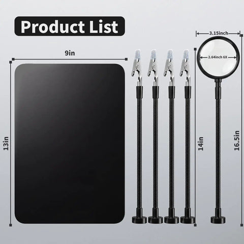 Dimensions of versatile soldering station with 5X magnifying glass, 4 flexible arms, magnetic base, and adjustable vise shown.