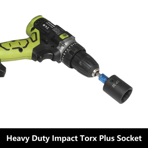 An electric drill with an External Torx Plus Socket Set 6 Point EP4 To EP32, head attached, displayed on a white background.