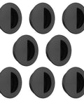 Set of 8 black stainless steel round flush handles, part of Hidden Concealed Recessed Sliding Door Pull Handles Set In Black Stainless Steel, 8 Pack Closet Cabinet Knobs With Screws, Flush Round Finger Pulls For Smooth No Visible Hardware No Fuss Easy Install 2.36 Inch, shown on white background.