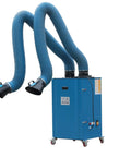 Heavy Duty Mobile Welding Fume Purifier With Dual Arm Extraction Setup and Manual Ash Cleanup blue unit with two flexible hoses.