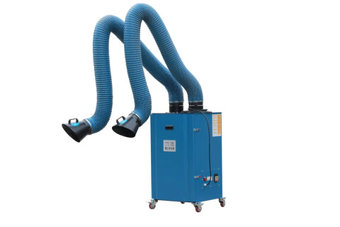 Top Shelf Portable Welding Fume Extractor With Heavy Duty Swivel Setup And Premium HEPA Filtration, blue cart with hoses.