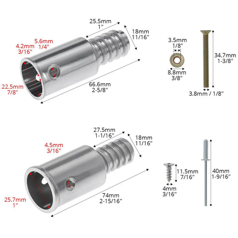 Heavy Duty Aluminum Threaded Tips For Extension Poles And Push Broom Handles, dimensions for 3/4 and 1 inch poles with screws