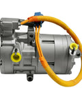 Top Tier Remanufactured Electric AC Compressor Kit For Tesla Model S 2016 To 2020 EV Air Conditioning System Usa Built Heavy Duty Straight Shooter Replacement side view with hoses and connectors.