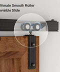 Close-up of 10 Foot Double Barn Door Hardware Kit Box Rail Wall Mount Exterior Beefy Heavy Duty Aluminum Track roller on wood door.