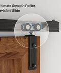 Double Barn Door Hardware, Twelve Foot Heavy Duty Aluminum Box Rail with smooth roller system installed on wooden door.