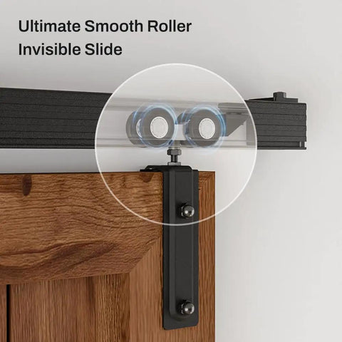 Double Barn Door Hardware, Twelve Foot Heavy Duty Aluminum Box Rail with smooth roller system installed on wooden door.