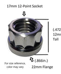 Premium Burnt Blue Titanium Flange Nuts M12x1.25 For Your Ride showing 17mm socket opening, measuring 12mm tall and 22mm flange.